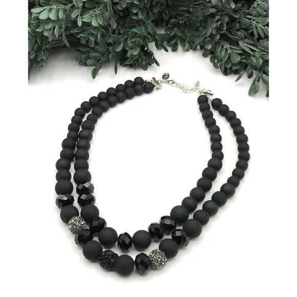 Vintage Black Beaded Necklace With Sparkling Accents & Adjustable Clasp double s - Picture 2 of 4